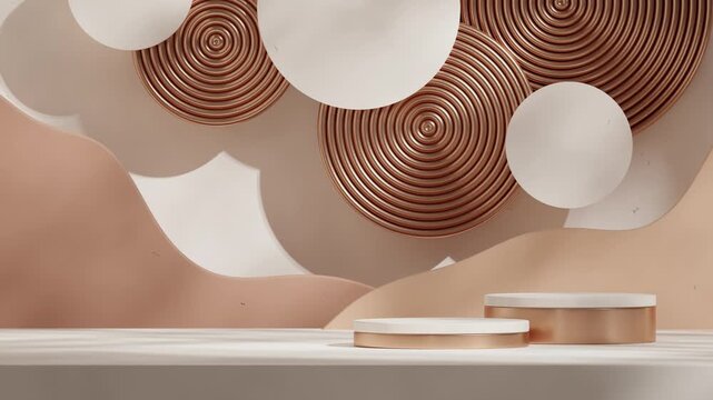 white and bronze podium seamless loop shadow animation with wall and circle shape background, rendering 3d footage blank mockup