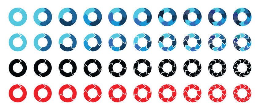 Colorful circle arrow charts. Multicolor spinning arrows, repeat circle and reload icon vector set. Circle arrows icon set. Business strategy workflow process infographic elements, circular diagrams.