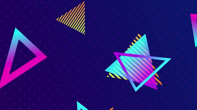 Abstract 80s Retro Neon Pop Art Memphis Geometric Shapes Triangle patterns futuristic synthwave style.