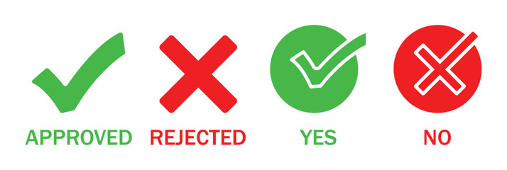 Green checkmark and red cross symbols indicating approval and rejection. Set of red cross and green check mark icons. Cross and tick symbols. Vote checkmark, cross icons, symbols set. Vector icons.  © Jerrymoon