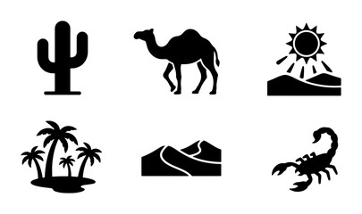 Desert Icons Set: Camel, Cactus, Scorpion, Palm Trees, Sun, Sand Dunes, Vector Graphics for Travel and Nature Themes © Kazi