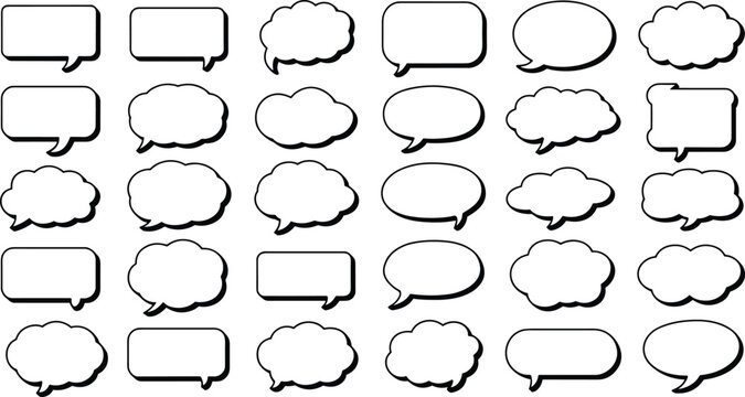 Speech bubble icon set, comic dialogue balloon, chat message symbol, conversation vector design, communication icon, thought bubble illustration