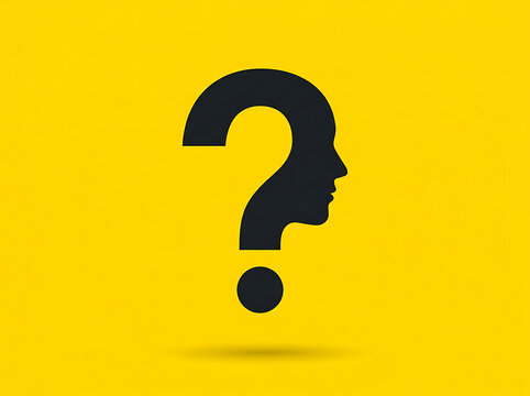 Black human head silhouette forms question mark on yellow background image