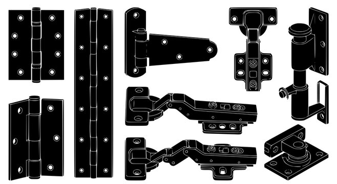 Collection of various industrial door hinges and furniture hardware components in black and white vector style