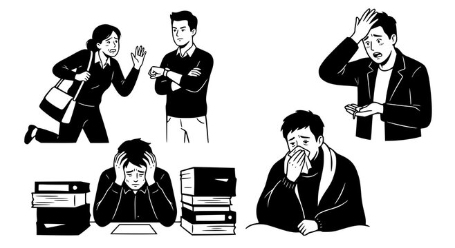 Set of business people expressing various negative emotions and stress in workplace scenarios in line art style