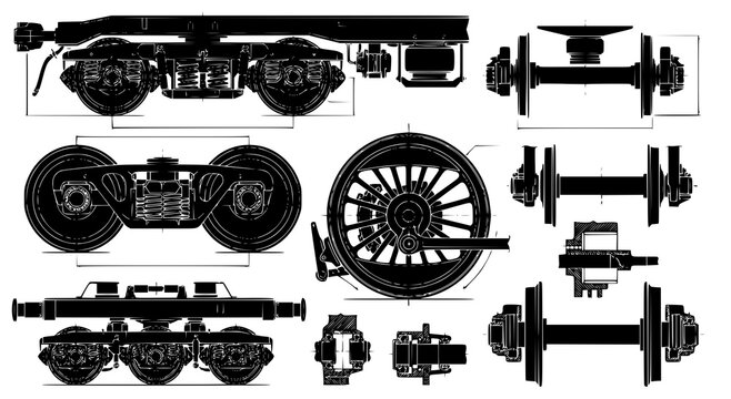 Heavy duty train bogie and railway wheelset technical blueprint set in detailed black and white vector line style