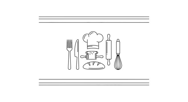 Baking Tools and Ingredients Icon Set: Chef Hat, Rolling Pin, Whisk, Bread, Utensils