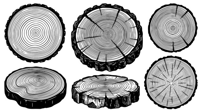 Natural tree rings and wooden cross section textures in detailed black and white hand drawn vector illustration set
