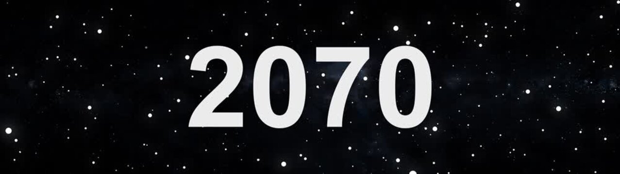 2070 future year concept in deep space with glowing stars and cosmic background.