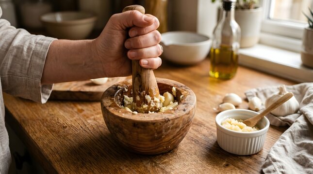Woman mashing garlic wooden mortar and pestle in rustic kitchen