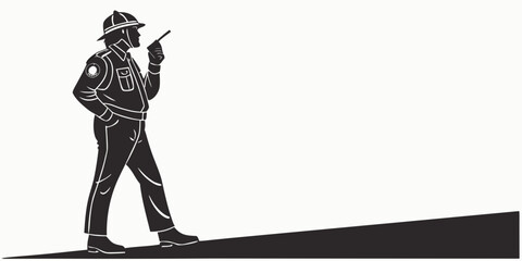 Black and white vector silhouette of a fire marshal or safety officer using a handheld radio with walkie talkie firefighter communication emergency personnel silhouette illustration minimalist © Maisa