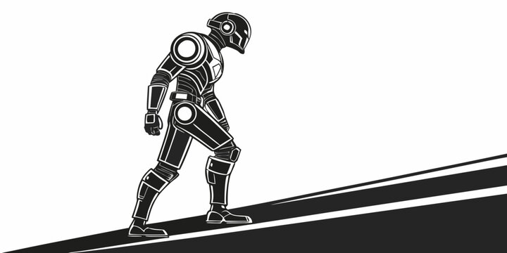 Futuristic robot character walking upwards vector graphic illustration with futuristic technology innovation automation character silhouette minimalist monochrome illustration creative