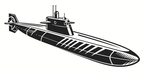 Black and white illustration of a military submarine with submarine military underwater maritime watercraft transport mechanical illustration silhouette isolated periscope equipment © Maisa
