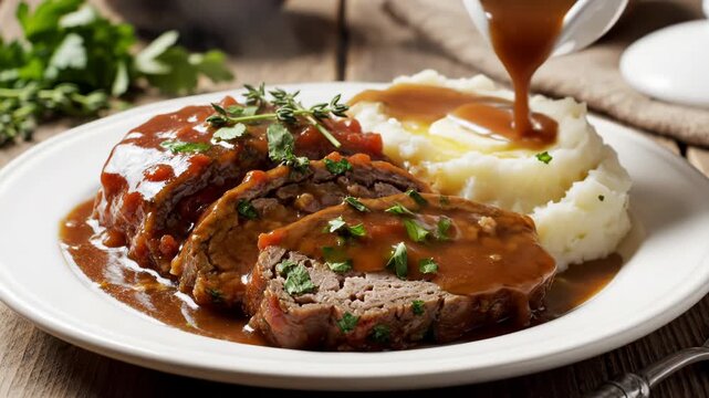 Pouring savory brown gravy over sliced meatloaf garnished with fresh herbs and served alongside creamy mashed potatoes with a pat of melting butter on a white ceramic plate.