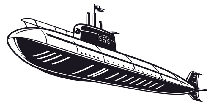 Graphic illustration of a submarine vessel at sea with submarine military underwater watercraft transport maritime engineering illustration silhouette isolated periscope equipment