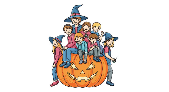 Happy Halloween Kids Sitting on Giant Pumpkin, Wearing Witch Hats, Trick or Treat Fun