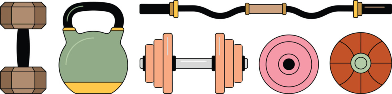 Gym workout equipment set, dumbbell, kettlebell, barbell, weight plates sport vector illustration icons