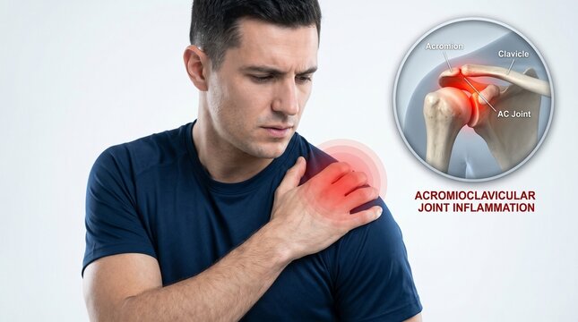 Man holding his shoulder with joint anatomy illustration rotator cuff pain concept