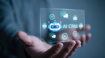 Fototapeta premium AI CRM & 24/7 Digital Support System Concept: Glowing Neon Cyan Holographic Chatbot Interface with Communication Speech Bubbles and Email Icons Floating Over Corporate Hands