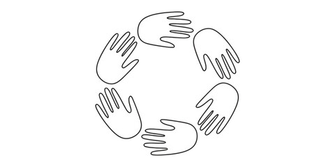 Fototapeta premium Circle of human hands reaching towards the center in a simple line art style