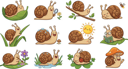 Cute cartoon snails set, vector illustration of funny garden snail characters exploring nature elements © Jarin