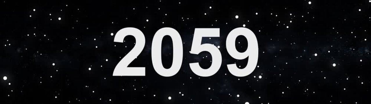 Happy new year 2059 countdown animation with glowing typography, cosmic space particles, Modern minimal black background, Futuristic celebration motion graphics.
