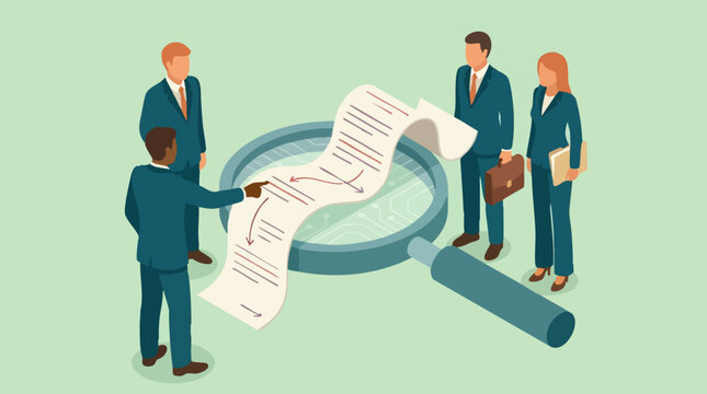 Business team analyzing process and data with magnifying glass illustration