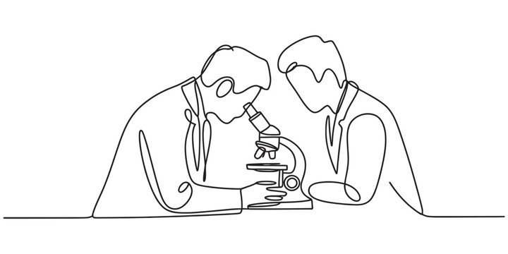 Two scientists looking through a microscope continuous line drawing
