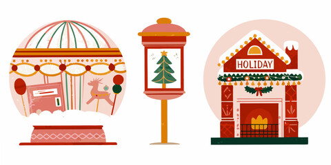 Holiday scenes with carousel post box and house in vector illustration © Poly