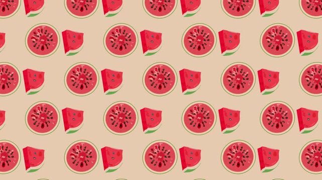 Watermelon slices seamless pattern, red fruit stop motion animation on beige background