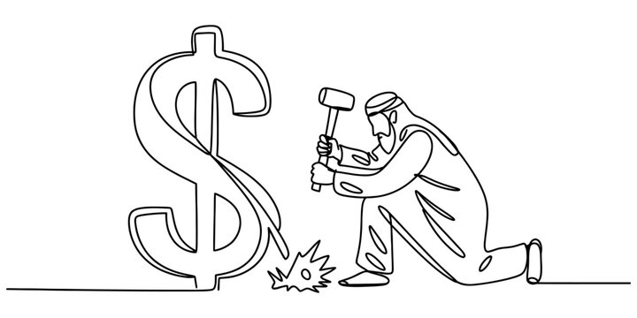 Continuous single line drawing of an arab businessman kneeling and using a heavy hammer to build and shape a large dollar currency sign for financial success Vector, illustration