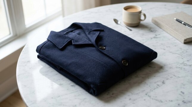 Neatly Folded Dark Blue Jacket on Stylish Marble Tabletop