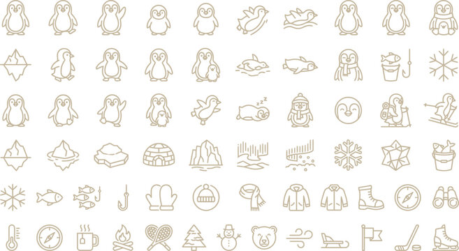 Winter sports icons, penguin symbols, snowflake graphics, 40 vector illustrations