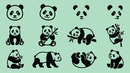 Panda icons, black panda silhouettes, cute bear illustrations, 12 icon set, vector graphics © Nusrath