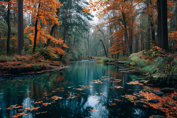 Obraz premium River winding through colorful autumn forest, fallen leaves floating on water, photorealistic nature photography.