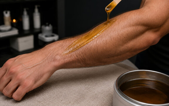 Beautician applying warm sugar paste on man arm for sugaring hair removal procedure. Professional depilation process in beauty salon. Skin care treatment and aesthetic medicine concept.