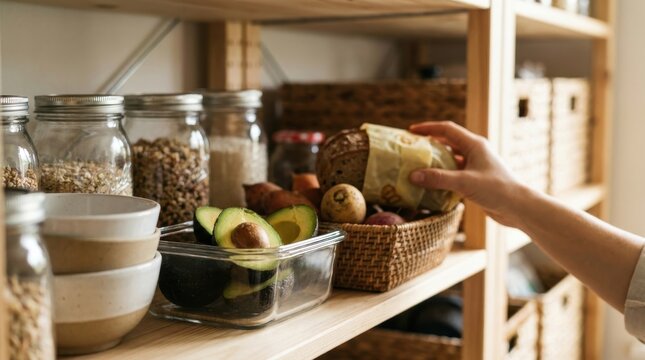 Eco Conscious Food Storage: Reusable food containers storing excess ingredients in organized pantry 