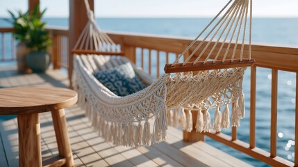 Naklejka premium Relaxing macrame hammock on a wooden deck overlooking the tropical sea
