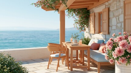 Naklejka premium Beautiful mediterranean seaside cafe terrace with empty wooden table and sea view