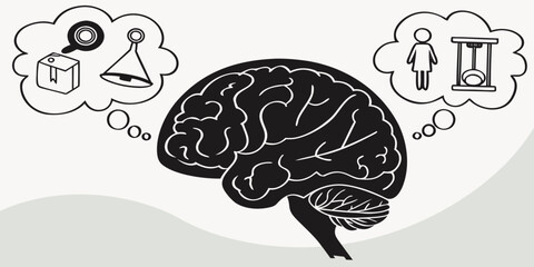 Conceptual illustration of human brain and diverse thought bubbles with thinking cognition intelligence psychology knowledge creativity reasoning processing consciousness abstract intellect © rabby