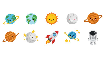 Cute space icons with planets rocket and astronaut characters © toni
