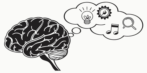Illustration of human brain with thought bubbles showing inspiration and various interests inspiration lightbulb thinking intelligence psychology cognition creativity neuroscience imagination © rabby