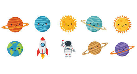 Whimsical solar system characters with planets and astronaut © toni