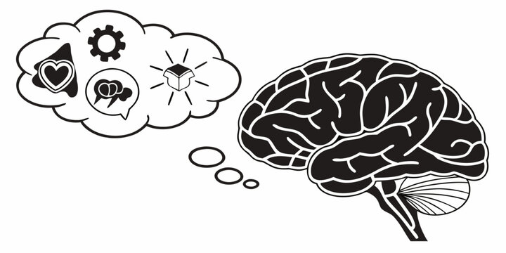 Human brain thinking about heart and gear symbols representing emotional and logical thoughts with emotions thinking intelligence psychology mechanism reasoning cognitive neuroscience abstract