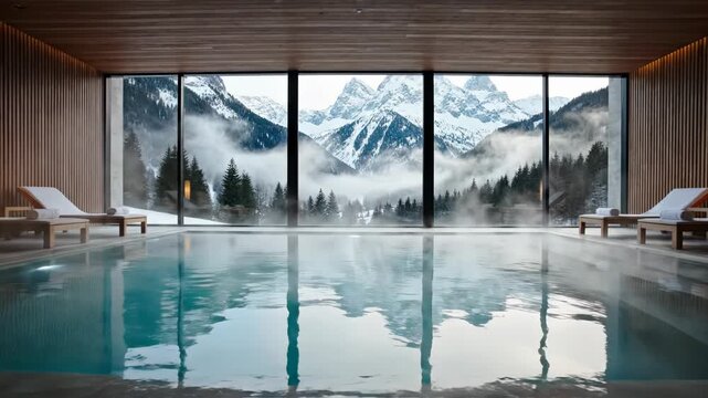 Modern spa interior featuring heated pool with steam, wooden lounge chairs, and floor-to-ceiling windows overlooking snowy alpine mountains and misty pine forest scenery.