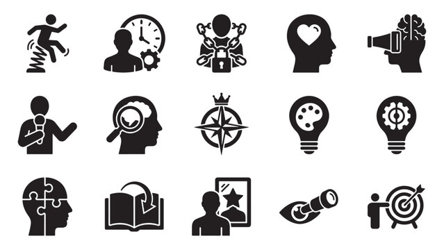 Personal Development and Self Discovery Icon Set with Clock Brain Compass Idea Puzzle Book and Target Symbols for Vector Illustration