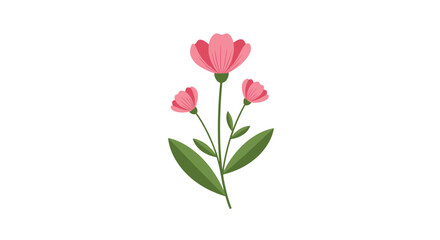 Fototapeta premium Simple pink flower illustration with green leaves and stems isolated on a white background for spring floral design projects.