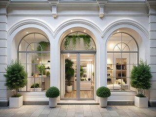 Fototapeta premium Classic European shop facade with arched windows and lush greenery storefront retail