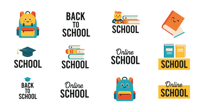 Diverse set of school themed icons and labels featuring backpacks books and graduation caps for educational marketing and design.