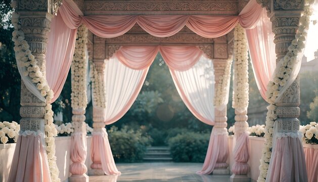 Soft Blush Pink Floral Mandap Background with Center Copy Space
